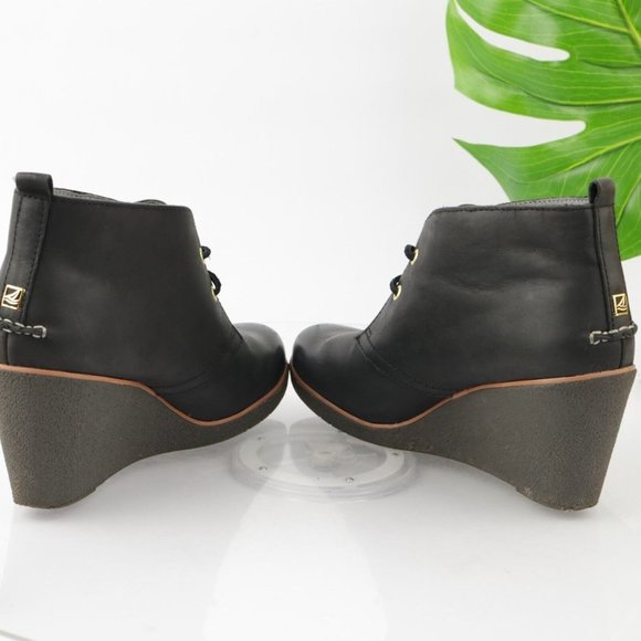 Sperry Women's Harlow Boot Size 10 Wedge Heel Lace Up Black Leather Boho Bootie - Picture 9 of 12